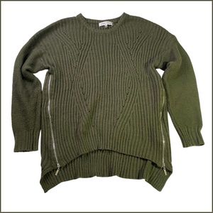 John + Jenn Olive Green Ribbed Crewneck Sweater with Side Zippers